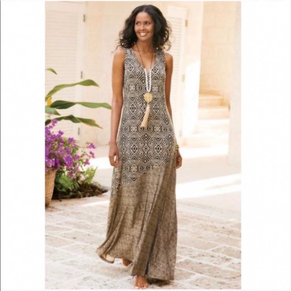Soft Surroundings Tulum Tribal Bohemian Print Sleeveless Maxi Dress Brown Sz MP